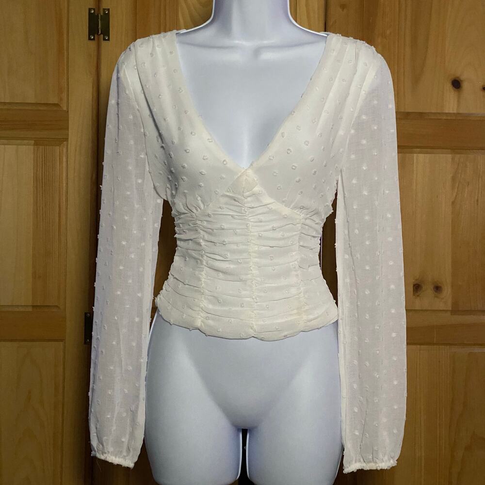 Coquette Swiss Dot Sheer Sleeve Ruched Corset Cottagecore Feminine Ethereal Top - Picture 3 of 12